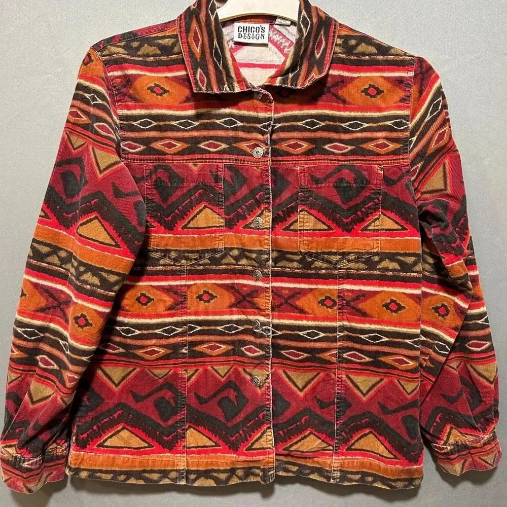 CHICOS DESIGN Vintage Orange & Red Aztec Print Longsleeve Button Up Size 0/Small